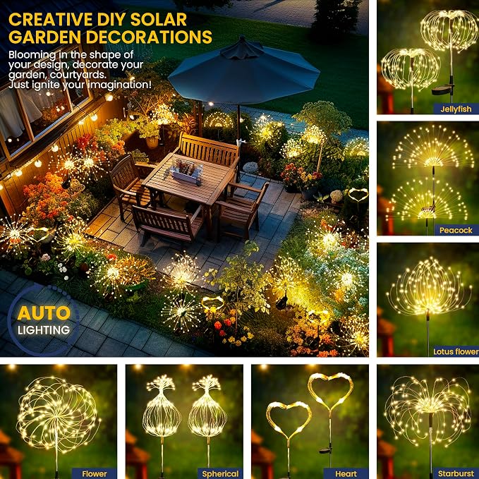 GIGALUMI Garden Decor Outdoor Lights 120LED 8Pack, Solar Garden Lights Outside Fairy Firework Decorative,Solar Powered for Yard Pathway Flowerbed Planter Balcony Patio, Gifts for mom (Warm White - Image 2