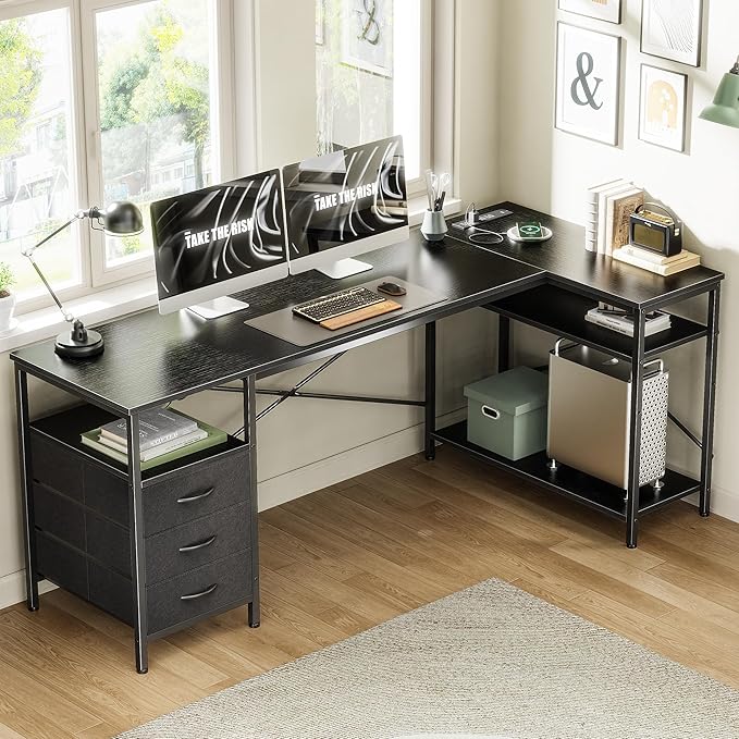 Huuger L Shaped Desk with Power Outlets, 63 Inch Reversible Computer Desk with 3 Drawers and Shelves, Home Office Table for Corner Work Study Writing Gaming, Black - Image 2