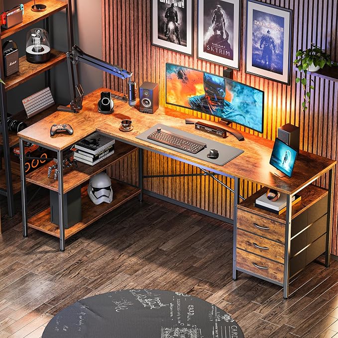 Huuger L Shaped Desk with Power Outlets, 63 Inch Reversible Computer Desk with 3 Drawers and Shelves, Home Office Table for Corner Work Study Writing Gaming, Rustic Brown - Image 8