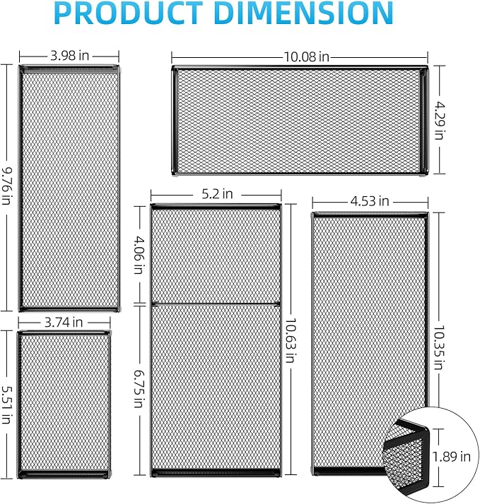 Marbrasse 5 Pack Desk Drawer Organizer Set, Mesh Drawer Storage Trays with 1 Adjustable Divider, Desk Organizers and Accessories, 5 PCS Drawer for Office Supplies, Makeup & Vanity (Black) - Image 2