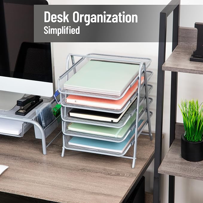 Mind Reader 5-Tier Paper Tray Organizer, Vertical Desktop File Storage Rack, Office, Metal Mesh, Silver - Image 2