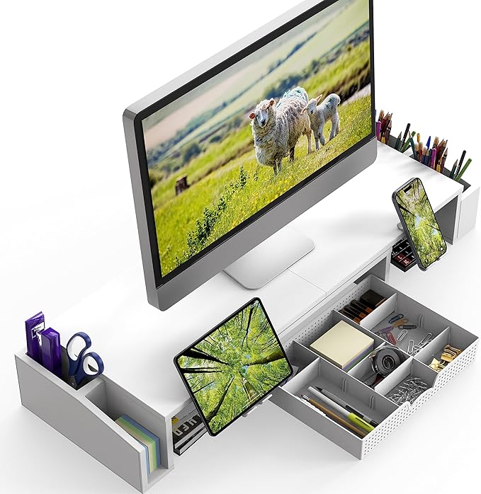 Simple Houseware Desk Dual Monitor Stand Riser with Drawer, White | Customizable Organizer Tray, Built-In Phone & Tablet Slot and Side Storage - Image 2