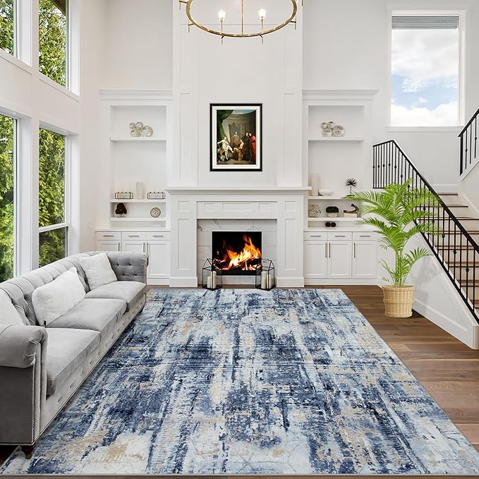 8x10 Area Rugs Washable Rug: Large Modern Abstract Living Room Rug Soft Anti-Skid Thin Carpet Indoor Floor Non-Shedding Carpets for Bedroom Dining Room Farmhouse Nursery Home Office Blue Gold by GENTDRIZZ