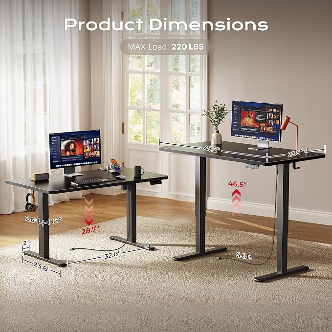 Huuger Electric Standing Desk with Power Outlets and USB-C Port, 47 X 24 Inch Height Adjustable Desk, Sit Stand Desk for Home Office, Computer & Gaming Desk with 4 Presets, Stable Steel Frame, Black - Image 5