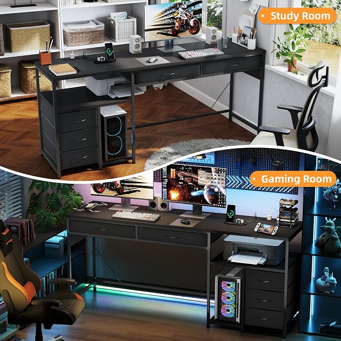 YOSHOOT 60" Computer Desk with 5 Fabric Drawers, Gaming Desk Table | Desk with Storage and Power Outlets, for Adults and Teenagers Working Writing Study, Black - Image 7