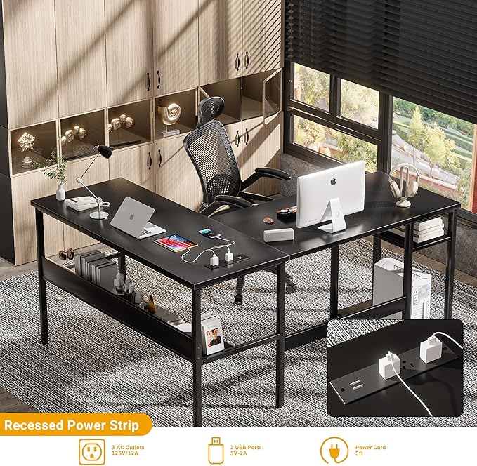 Unikito Reversible L Shaped Desk with Magic Power Outlets and USB Charging Ports, Sturdy Corner Computer Desk with Storage Shelves, Gaming Table Home Office Desk, Easy to Assemble, Black - Image 4