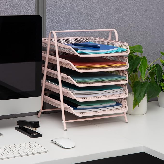Mind Reader 5-Tier Paper Tray Organizer, Vertical Desktop File Storage Rack, Office, Metal Mesh, Pink (Pack of 6) - Image 2