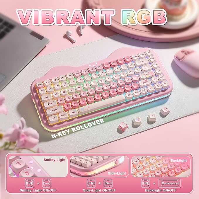 YUNZII C75 Cute 75% Wireless Mechanical Keyboard (Pink, Candy Switch) | Creamy Cake Keyboard, BT5.0/2.4G/USB-C, Hot-Swap, NKRO, PBT MOA Keycaps,5500mAh RGB Gasket Mount for Mac/Win/Gaming/Office - Image 7