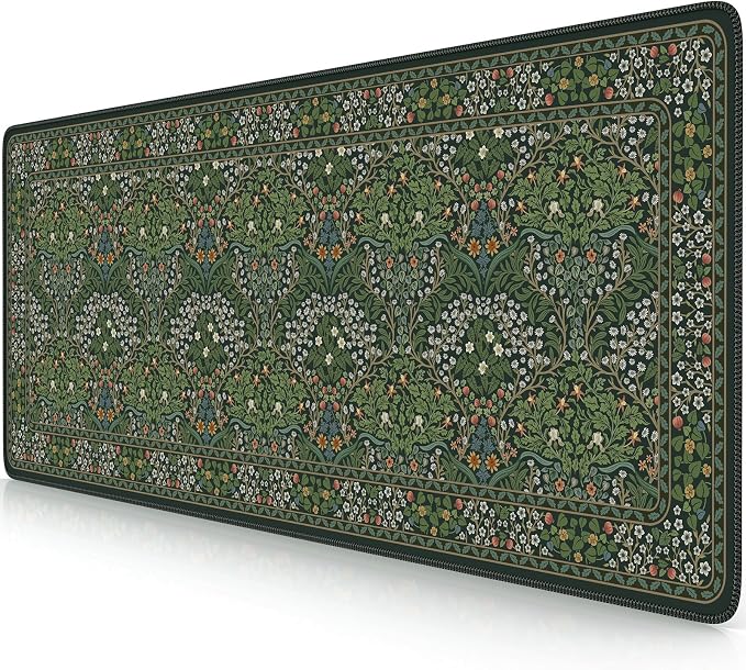 iCasso Aesthetic Floral Desk Mat, 31.5x11.8in Mouse Pads, Retro Green | Anti-Slip Mousepad with Stitched Edges, Waterproof Computer Pad, Desk Accessories Office Decor for Women by iCasso
