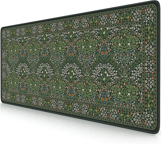 iCasso Aesthetic Floral Desk Mat, 31.5x11.8in Mouse Pads, Retro Green | Anti-Slip Mousepad with Stitched Edges, Waterproof Computer Pad, Desk Accessories Office Decor for Women by iCasso