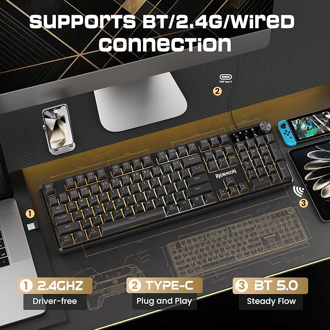 Redragon RM104 Wireless Gaming Keyboard with Knob, Tri-Mode BT/2.4G/USB-C RGB Computer Keyboards, 4000mAh Battery, Programmable Software Support, Anti-Ghosting, Compatible with PC Mac - Image 3