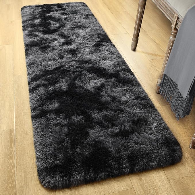 Tepook Fluffy Runner Rugs for Bedroom Aesthetic 2x6 Feet, Shag Soft Bedside Rug with Non-Slip Bottom, Fuzzy Plush Carpet for Room, Hallway Rug for Nursery Dorm Indoor Home Decor, Tie-dye Dark Grey - Image 2