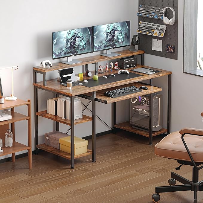 VERMESS 48Inch Computer Desk, Home Office Desks with Keyboard Tray, Gaming Desk with CPU Stand Shelf,Industrial Study Table Wide Writing Desk with Storage Shelves for 2 Monitors, Rustic Brown - Image 2