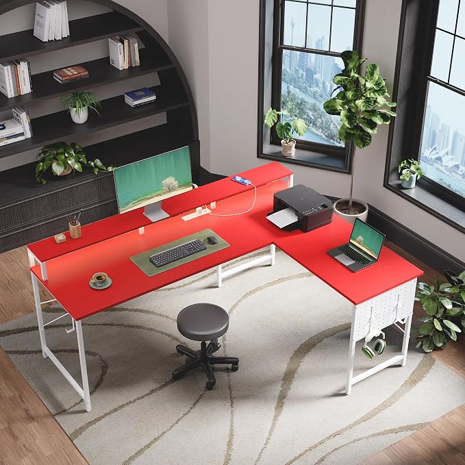 Pamray 64 Inch L Shaped Gaming Desk with Monitor Stand and Power Outlets | Large Corner Computer Desk With Pegboard & Led Lights USB Charging Ports for Home Office Study and Writing Bedroom and Dorms - Image 6