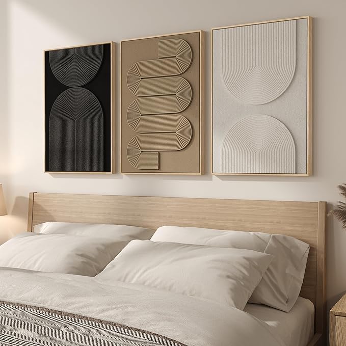 3D Textured Framed Boho Neutral Abstract Wall Art for Bedroom Decor, 3 Piece Modern Artwork for Walls, Black White Brown Minimalist Geometric Paintings for Living Room, Dining Room Wall Decor 16x24 In by Cuspin