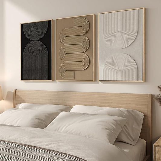 3D Textured Framed Boho Neutral Abstract Wall Art for Bedroom Decor, 3 Piece Modern Artwork for Walls, Black White Brown Minimalist Geometric Paintings for Living Room, Dining Room Wall Decor 16x24 In by Cuspin