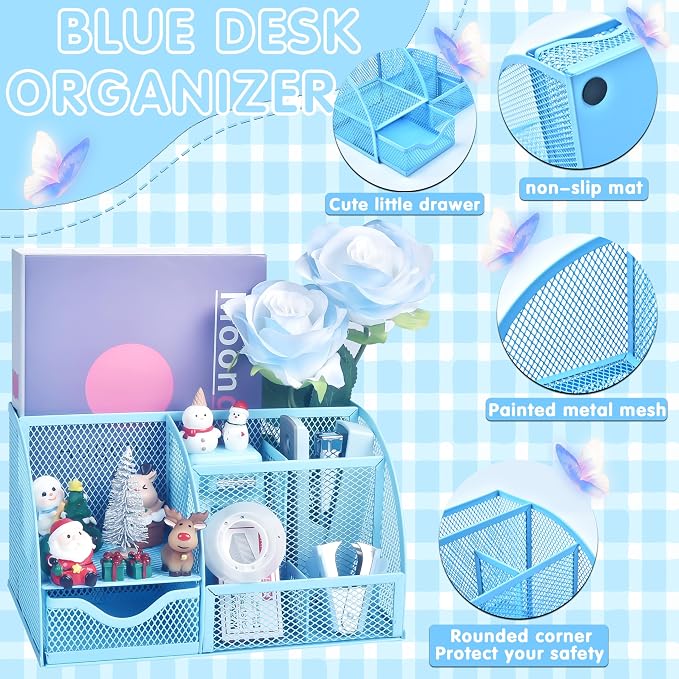 Blue Desk Accessories, 26Pcs Office Supplies and Desk Organizers, with Tape Dispenser, Stapler, Staple Remover, Ect, Gift Box Packaging - Image 2