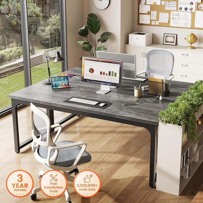Huuger 63 x 24 inch Desk with Power Outlets & USB-C, Deeper & Thicker Desktop, Robust Metal Tubes, Computer Desk, Heavy Duty Office Desk, Work Gaming Desk, for Home Office, Grey - Image 3