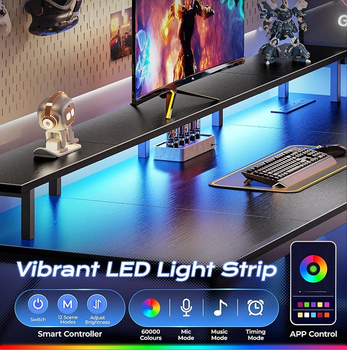 PRAISUN 63 inch Gaming Desk, LED & Power Outlets, Monitor Stand, Black | Sturdy PC Desk for Home Office, Study & Work, LED Lights, 4 AC Outlets & USB-C Charging Station - Image 6