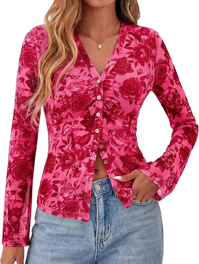 BTFBM Button Down Shirts for Women 2026 Fall Boho Tops V Neck Long Sleeve Blouses Ruched Mesh Fitted Fashion Clothing - Image 6