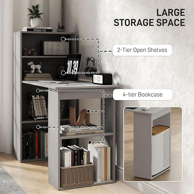 HOMCOM Modern Home Office Desk with 6-Tier Storage Shelves, 47", Gray | Writing Desk, Bookshelf - Image 5