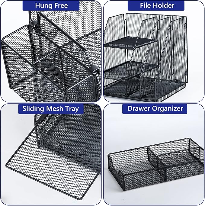 Topwey Desk Organizer, File Organizer for Desk with 2-Tier Paper Letter Tray, Drawer and 2 Pen Holder, Mesh Desktop Organization with Magazine Holder for Office Supplies - Image 5