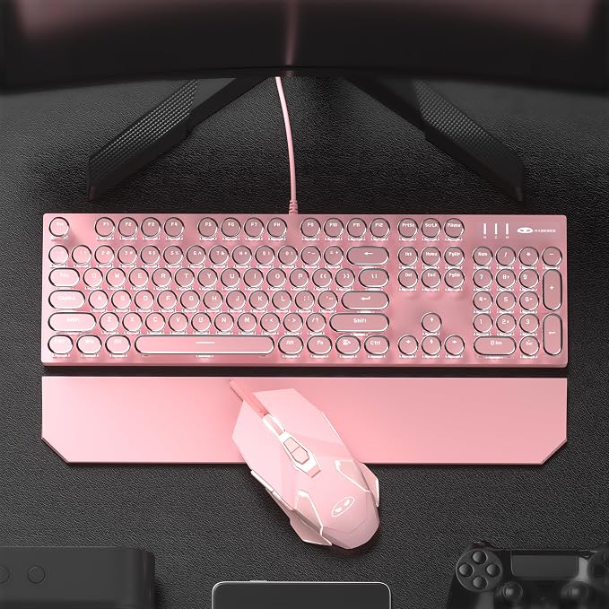 Retro Pink Typewriter-Style Keyboard and Mouse Combo, Cute Light Up Wired Mechanical Keyboard with Linear Red Switches, Full Size for Gaming, Work, Mac, PC, Windows - Image 6