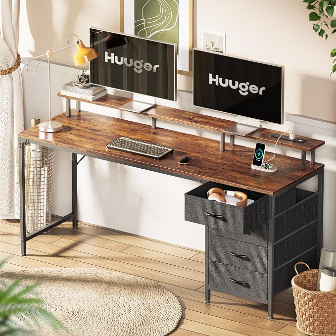 Huuger 63 Inch Rustic Brown Gaming & Office Computer Desk with 4 Drawers, Monitor Stand, LED Lights & Power Outlets - Image 8