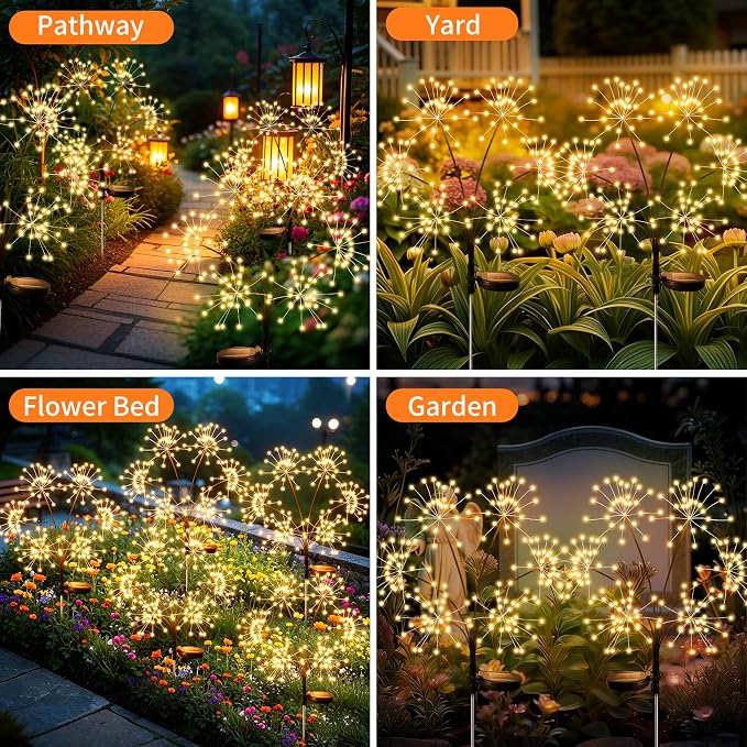 JJGoo 2 Pack Solar Garden Lights Outdoor Waterproof, New Upgraded 6 Branches Firework Starburst Lights with 2 Modes, Solar Fairy Lights for Yard Garden Patio Pathway Party Decor - Warm White - Image 7