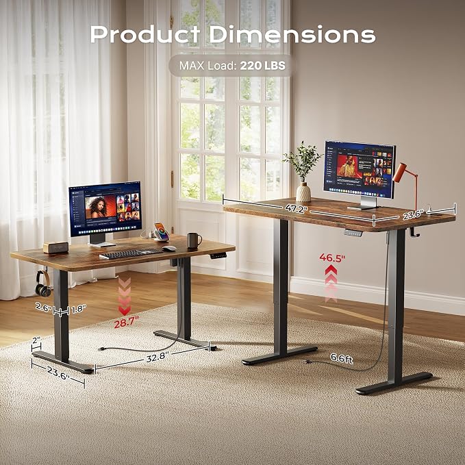 Huuger Electric Standing Desk with Power Outlets and USB-C Port, 47 X 24 Inch Height Adjustable Desk, Sit Stand Desk for Home Office, Computer & Gaming Desk with 4 Presets, Rustic Brown - Image 5