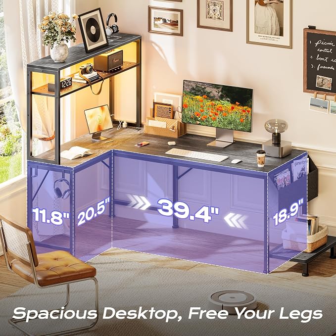 PRAISUN L Shaped Gaming Desk with LED Lights & Power Outlets, Reversible Computer Desk with Storage Shelves & Bag, Large Corner Home Office Desk with Pegboard for Work from Home, Grey - Image 5