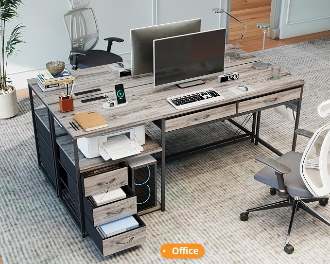 YOSHOOT 60" Computer Desk with 5 Fabric Drawers, Gaming Desk Table | Desk with Storage and Power Outlets, for Adults and Teenagers Working Writing Study, Grey - Image 2