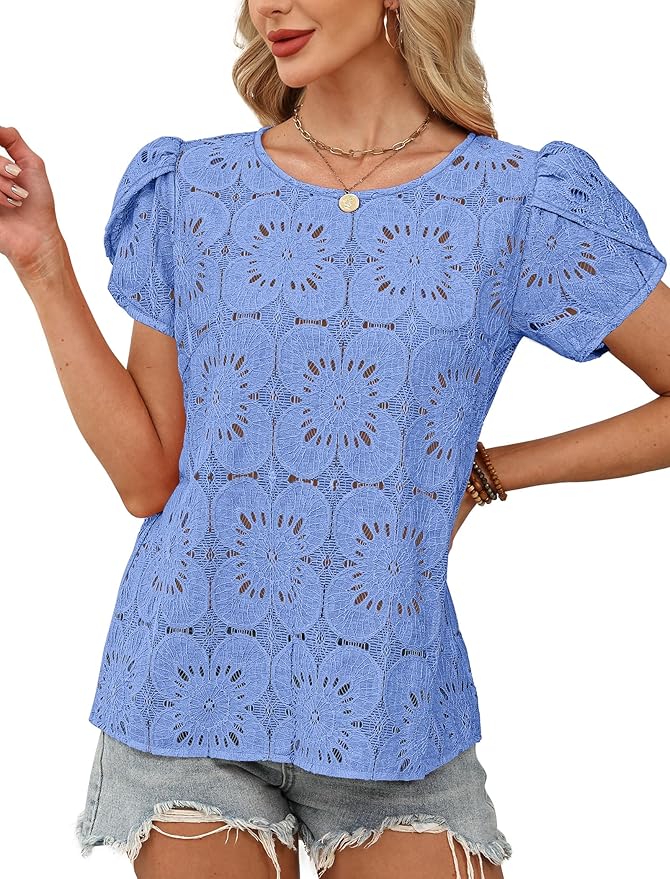 OFEEFAN Blouses for Women Dressy Casual Petal Short Sleeve Shirts Crochet Lace Boho Tops Spring Fashion Summer Outfits - Image 3
