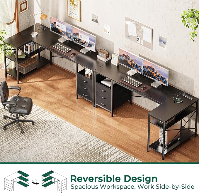 Huuger L Shaped Desk with Power Outlets, 63 Inch Reversible Computer Desk with 3 Drawers and Shelves, Home Office Table for Corner Work Study Writing Gaming, Black - Image 4