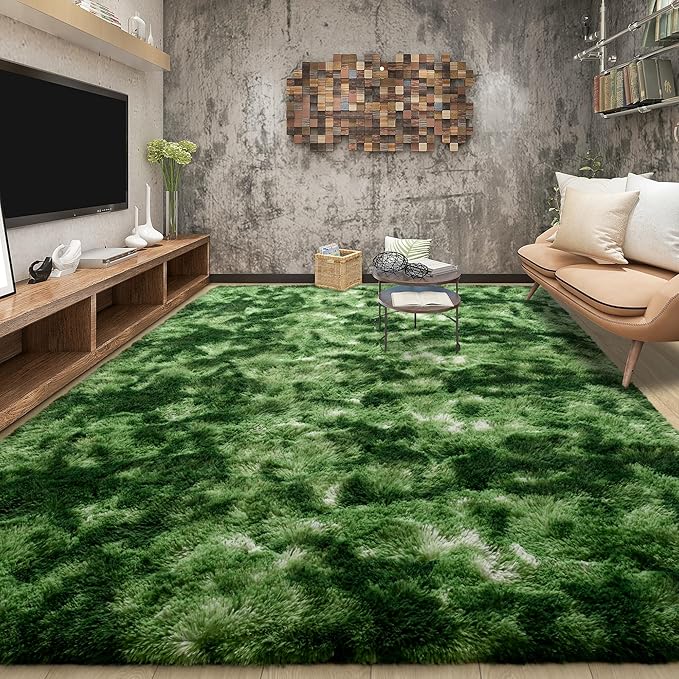 Tepook Fluffy Dark Green Rugs for Living Room Bedroom, 8x10 Soft Area Rug Tie-Dyed Forest Moss Green Kids Girls Boys Rug, Indoor Plush Shaggy Non-Slip Carpet for Nursery Classroom Dorm Home Decor by Tepook