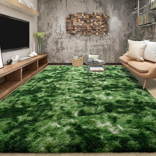 Tepook Fluffy Dark Green Rugs for Living Room Bedroom, 8x10 Soft Area Rug Tie-Dyed Forest Moss Green Kids Girls Boys Rug, Indoor Plush Shaggy Non-Slip Carpet for Nursery Classroom Dorm Home Decor by Tepook