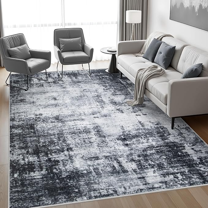 5x7 Area Rug Living Room Rug: Washable Modern Abstract Soft Thin Rug Indoor Floor No Slip Stain Resistant Carpet for Bedroom Dining Room Farmhouse Nursery Home Office - Dark Black - Image 3