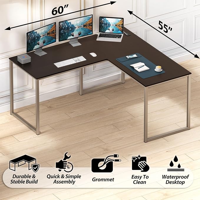 SHW Mission 55 x 60 L-Shape Home Office Computer Desk, Espresso | Reversible Desktop Design - Image 4
