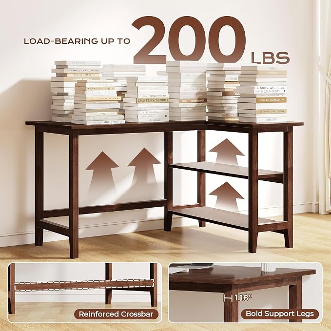 IOTXY Reversible L-Shaped Office Desk - 45" Compact Corner Computer Table with Storage Shelves, Solid Wood Legs, Writing & Study Workstation for Small Spaces, Walnut - Image 6