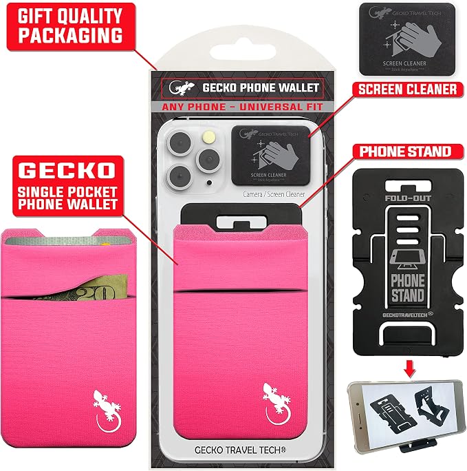 Gecko Travel Tech Double Pocket - Adhesive Card Holder - Cell Phone Pouch - Stick on Spandex Pocket - Carry Credit Cards and Cash (PINK-WHITE) - Image 7