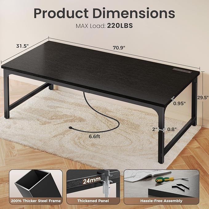 Huuger 71 x 31.5 Inch Desk with Power Outlets & USB-C, 0.95 Inch Thicker Desktop, Robust Metal Tubes, Deep Computer Desk, Heavy Duty Office Desk, Work Desk for Home Office, Black - Image 2