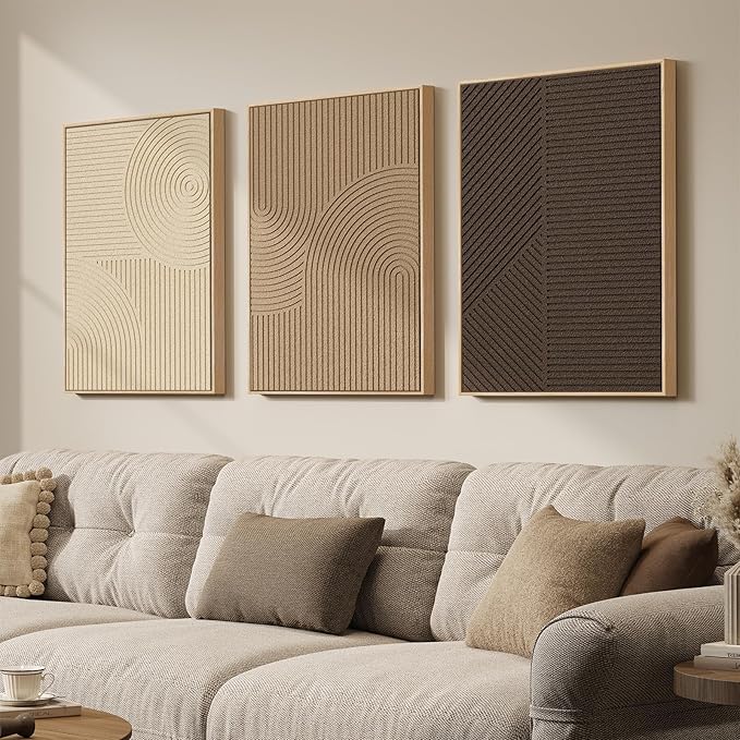 3D Textured Framed Boho Neutral Abstract Wall Art, 3 Piece Modern Minimalist Paintings Artwork for Walls, Brown Beige Tan Geometric Pictures for Living Room Dining Bedroom Office Wall Decor 16x24 In by Cuspin