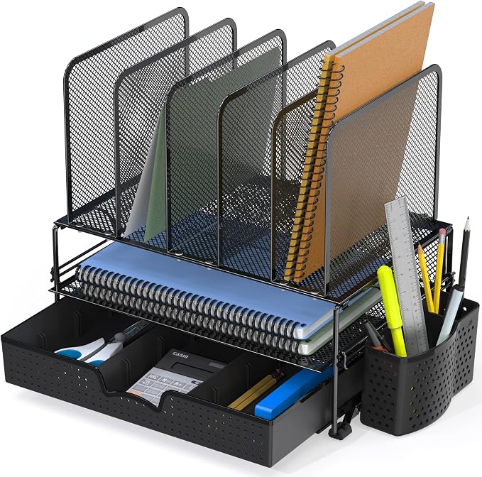 Simple Houseware Desk File Organizer for Office Supplies w/Drawer, Black | Double Tray, Pencil Holder, and 5 Upright Sections with Sliding Drawer - Image 5
