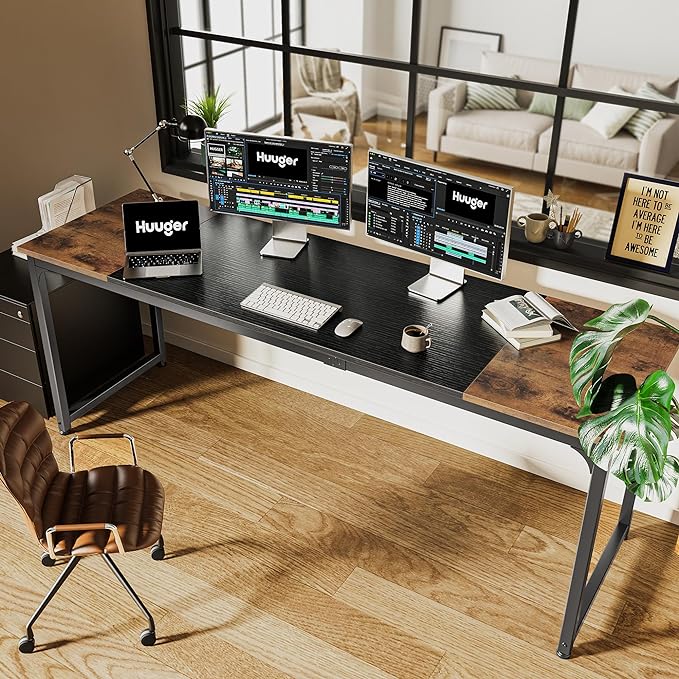 Huuger 78.7 Inch Office Computer Desk with Storage, Writing Work Desk for Home Office, Study, Gaming, Long Simple Desk, Large Legroom, Metal Frame, Rustic Brown and Black - Image 6