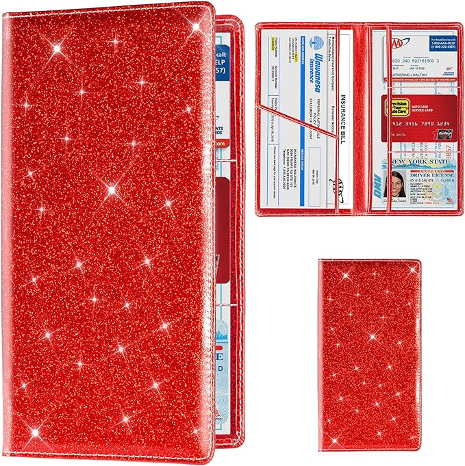 TOURSUIT Car Registration & Insurance Card Holder, Glitter Red | Vehicle License Document Organizer, Glove Box Compartment, Interior Car Accessories, For Women Men by TOURSUIT