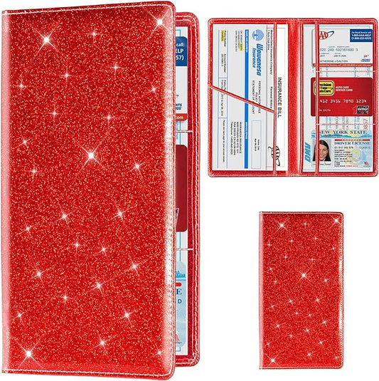 TOURSUIT Car Registration & Insurance Card Holder, Glitter Red | Vehicle License Document Organizer, Glove Box Compartment, Interior Car Accessories, For Women Men by TOURSUIT