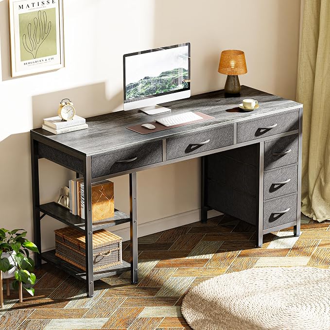 Huuger Computer Desk with 6 Drawers, Office Desk with Shelves, Reversible Gaming Desk, Corner Desk with Storage, Work for Home Office, Study, Living Room, 47inch, Grey - Image 8