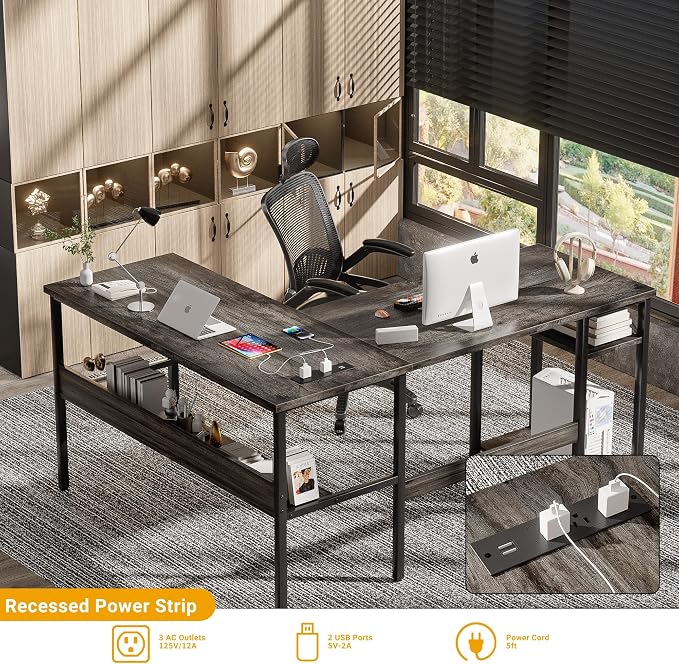 Unikito Reversible L Shaped Desk with Magic Power Outlets and USB Charging Ports, Sturdy Corner Computer Desk with Storage Shelves, Gaming Desk for Home Office, Easy to Assemble, Black Oak - Image 4