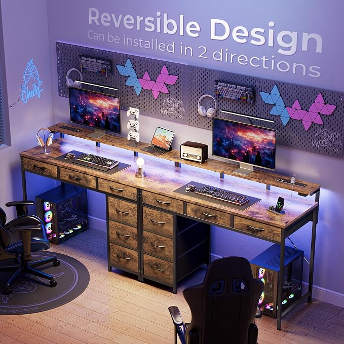 Huuger Gaming Desk with 6 Drawers, Computer Desk with LED Lights Power Outlets and Type-C, 39 Inch Office Desk with Storage, Monitor Stand, Writing Work Desk Home Office, Study, Rustic Brown - Image 9