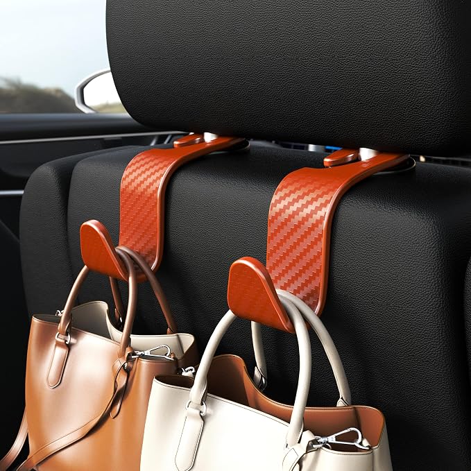 Amooca Car Seat Headrest Hook 4 Pack Hanger Universal Vehicle Car Storage Organizer for Handbag Purse Coat S Type Checkered Orange - Image 2